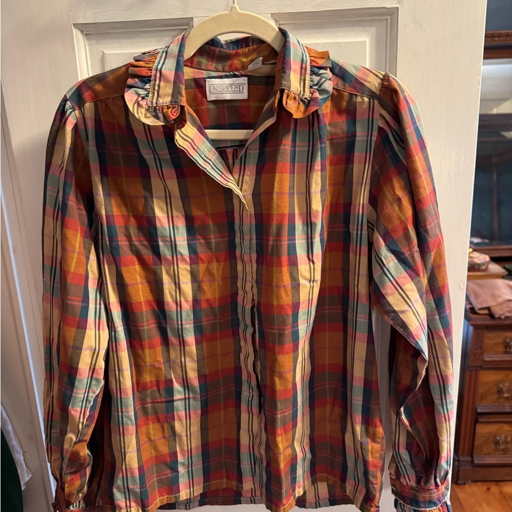 Lands' End Multicolor Plaid Shirt with Ruffle Detail